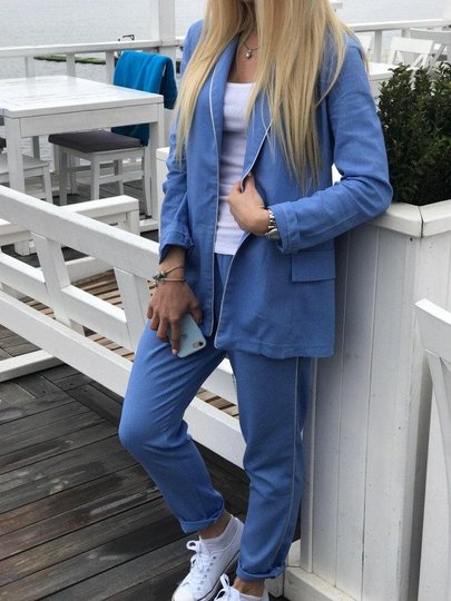 Костюм из льна пиджак+брюки, Синий, Xs-M