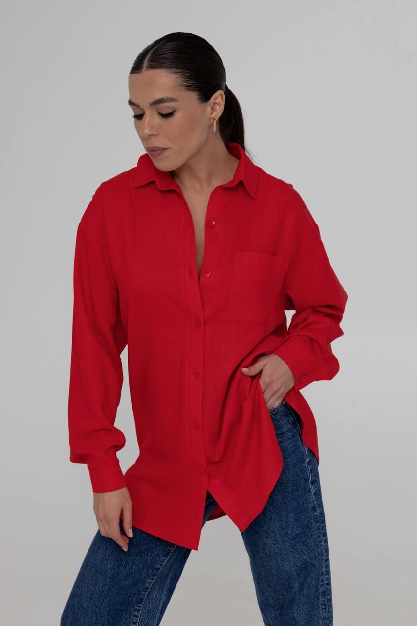 Рубашка оверсайз из льна красная, Красный, универсальный (S-L)