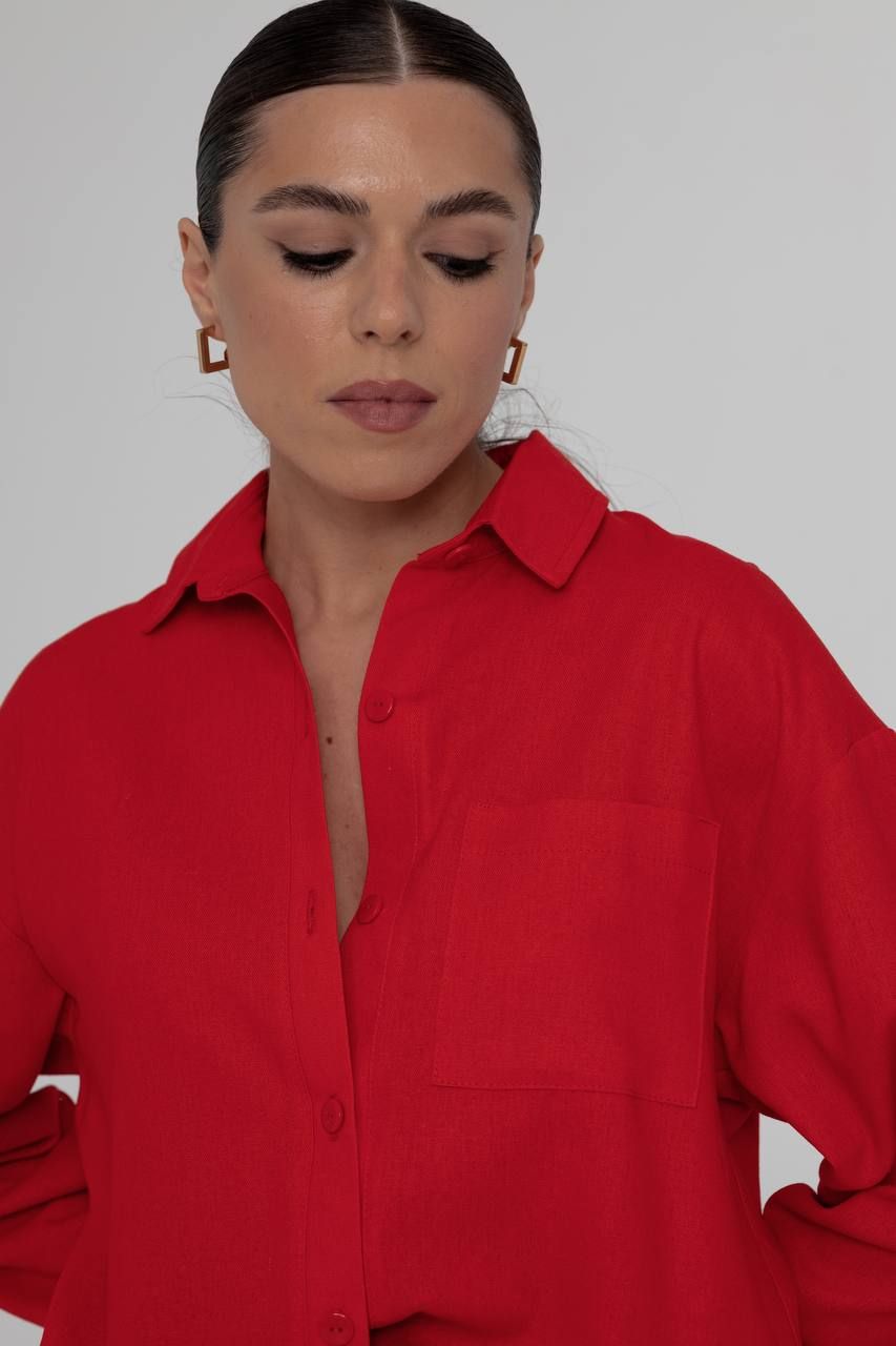 Рубашка оверсайз из льна красная, Красный, универсальный (S-L)
