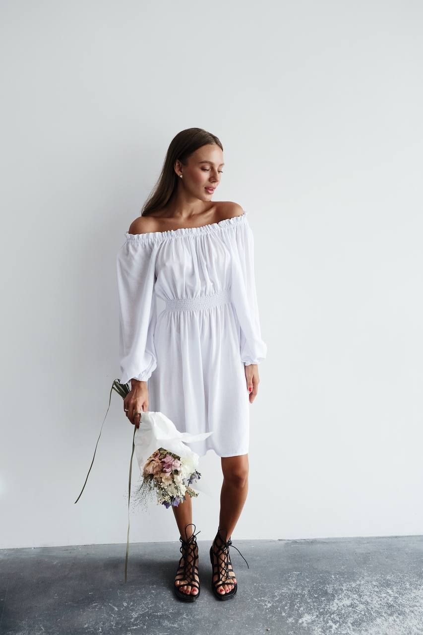 Платье со спущенными плечами белое , Белый, универсальный (S-L)