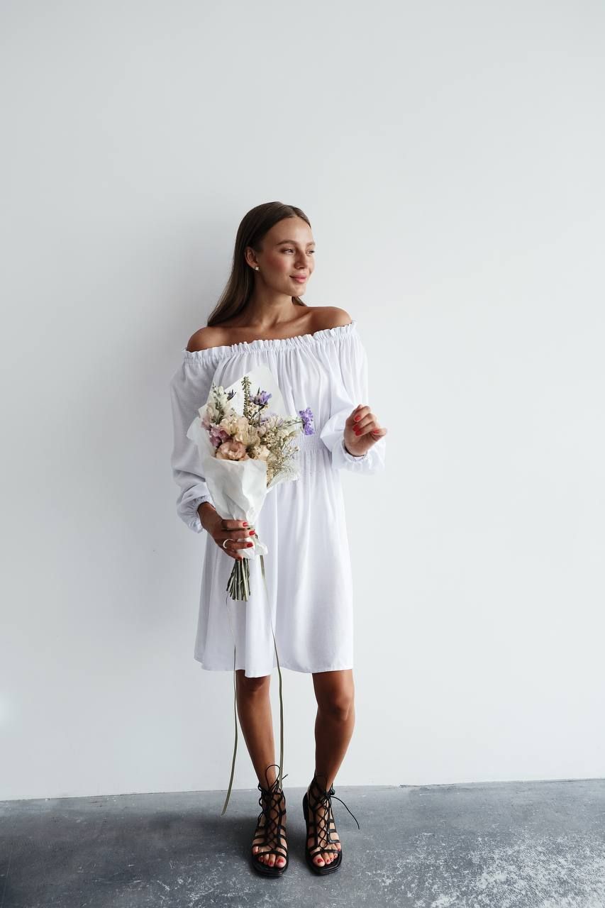 Платье со спущенными плечами белое , Белый, универсальный (S-L)