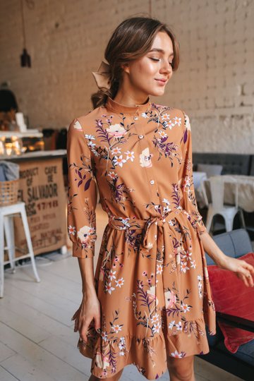 Сукня-сорочка з оборкою у квітковий принт, Мокко, XS-S