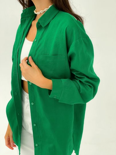 Рубашка оверсайз из льна зеленая, Зелёный, универсальный (S-L)