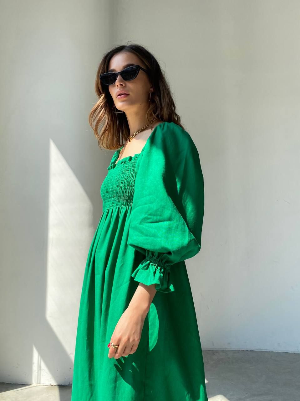 Сукня міді лляна Вафелька зелена, Зелений, XS-S
