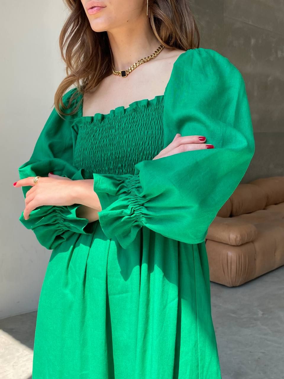 Платье миди льняное Вафелька зеленое, Зелёный, XS-S
