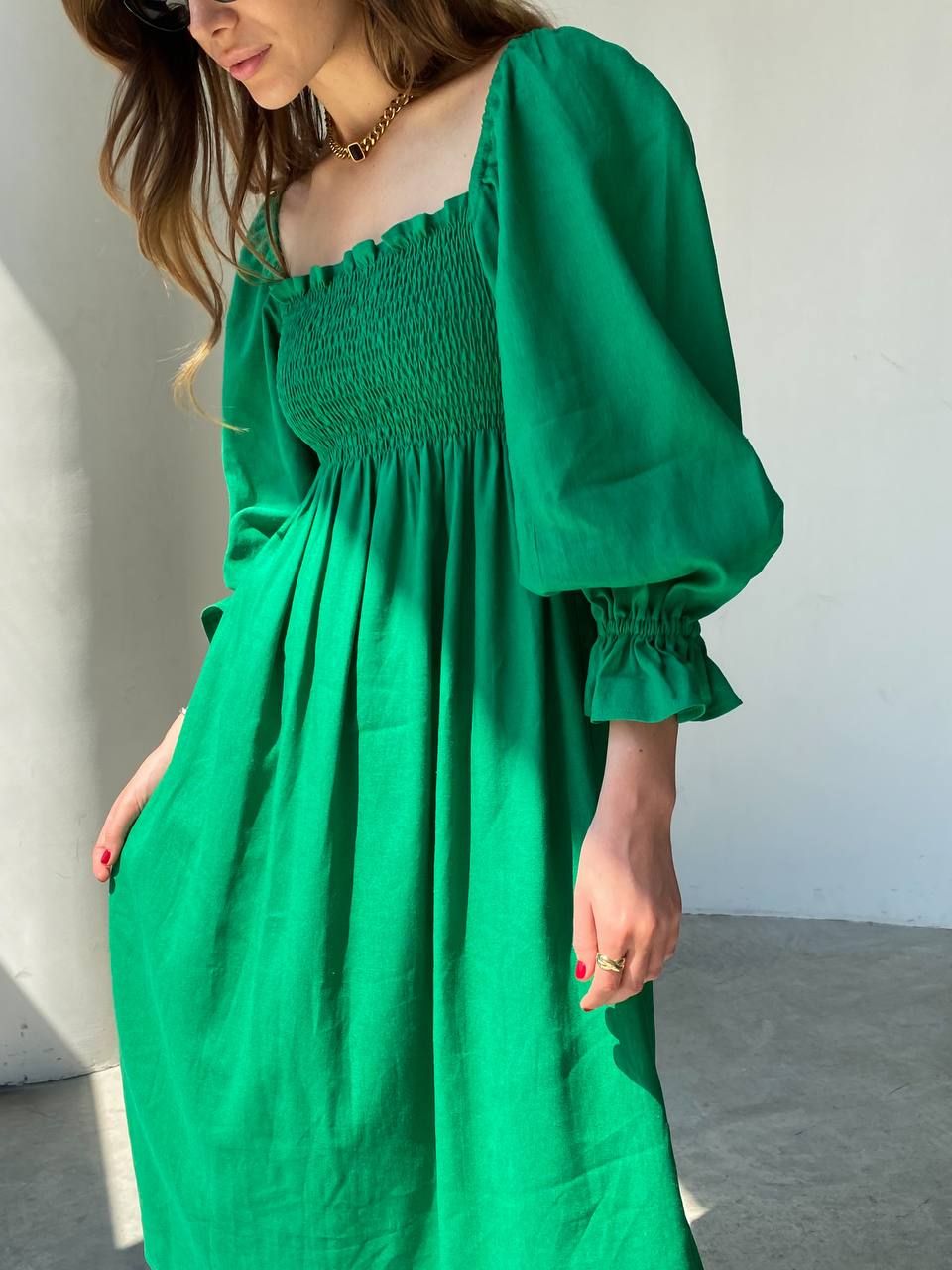 Платье миди льняное Вафелька зеленое, Зелёный, XS-S