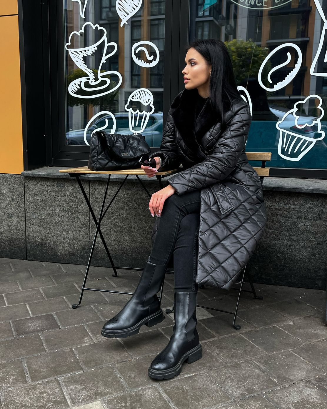 Пальто стеганое Стокгольм зима с мехом на воротнике черное, Черный, XS