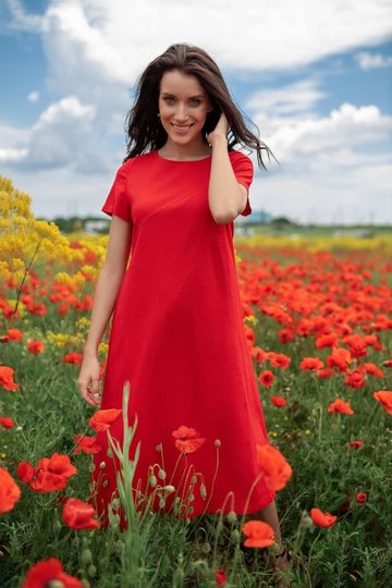 Льняное свободное платье необычного дизайна красное, Красный, S-M