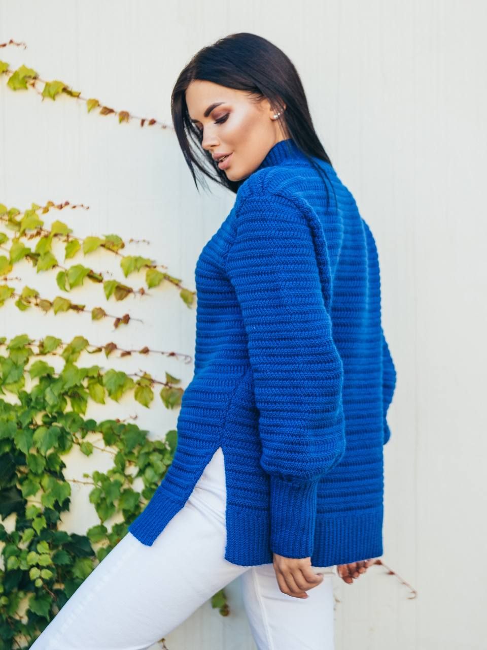 Оригинальный вязаный свитер с боковыми разрезами синий электрик, Синий, Xs-M