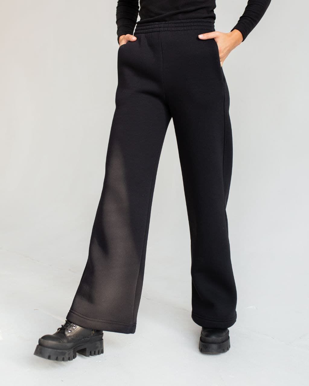 Утеплені брюки палаццо на флісі чорні, Чорний, XS