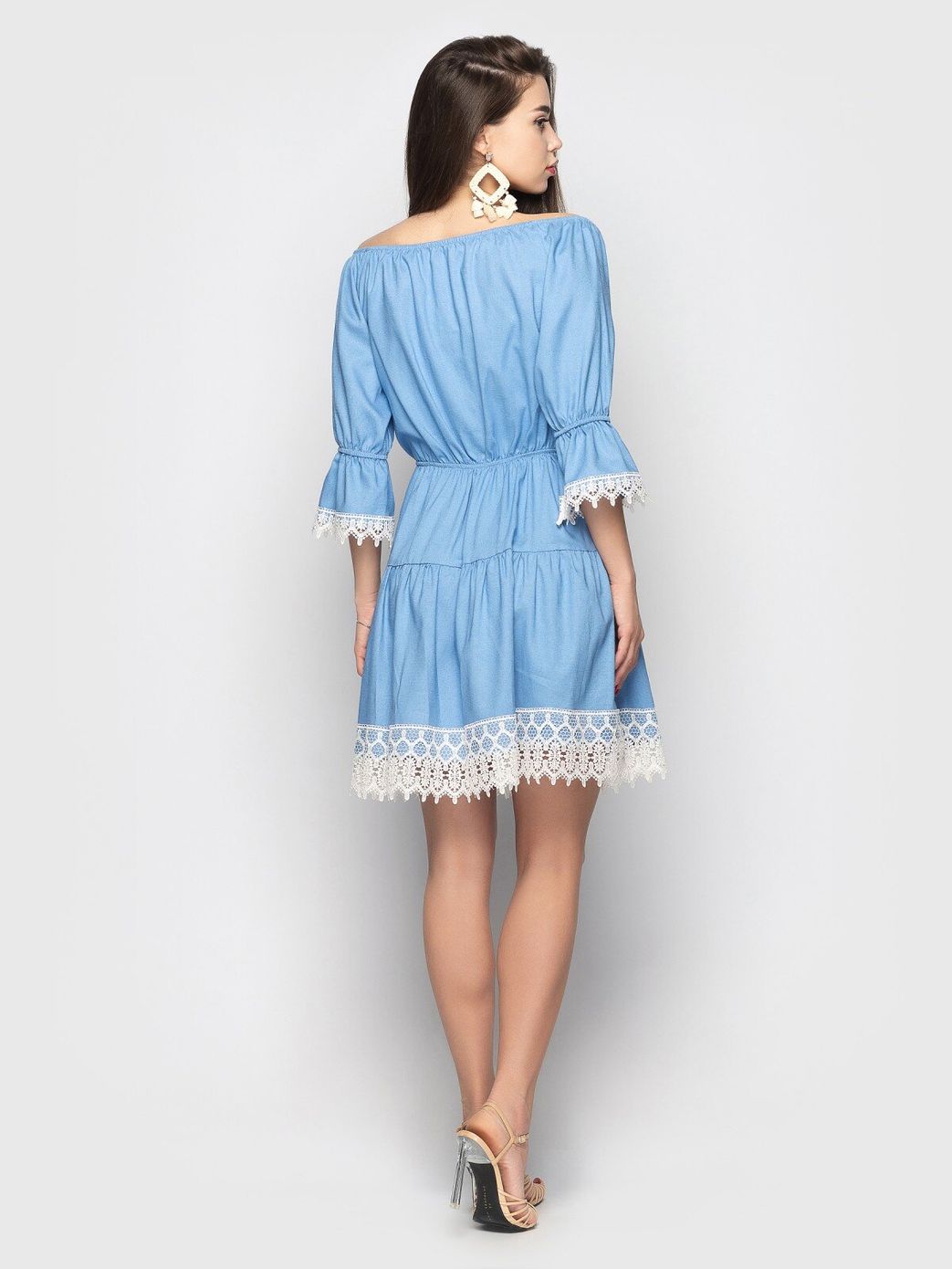 Платье мини с кружевом и открытыми плечами, Голубой, M