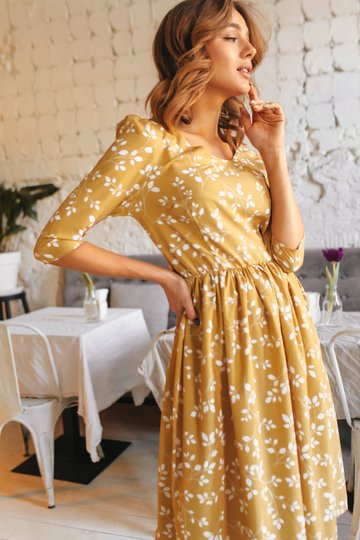Платье в цветочный принт Эмилия, Золотой, XS-S