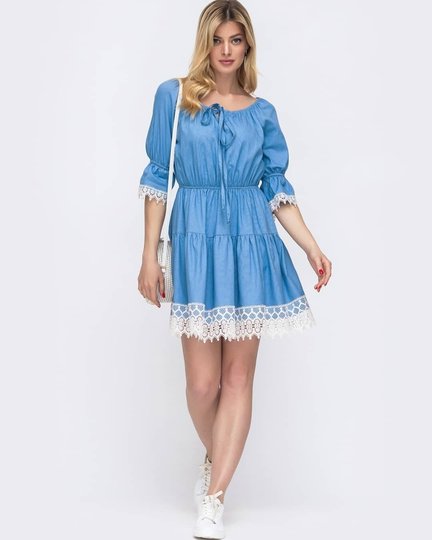 Платье мини с кружевом и открытыми плечами, Голубой, M