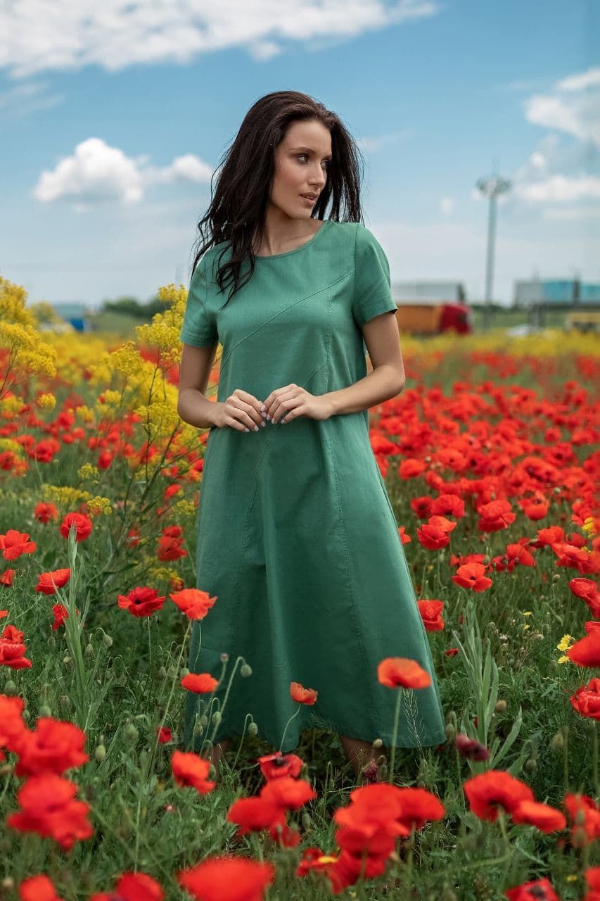 Льняное свободное платье необычного дизайна зеленое, Зелёный, S-M