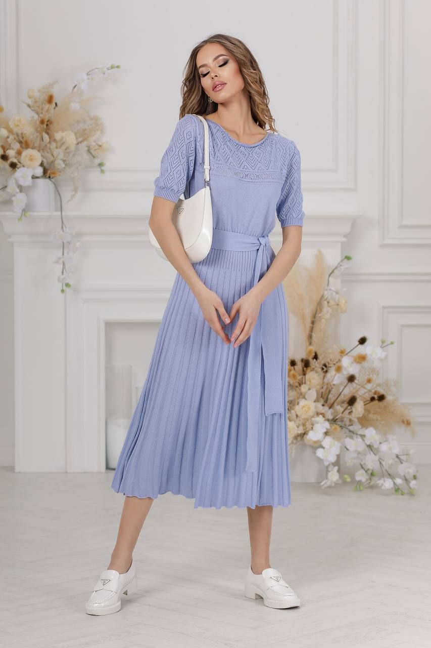 Ажурна в'язана сукня з коротким рукавом блакитна, Блакитний, універсальний (S-L)