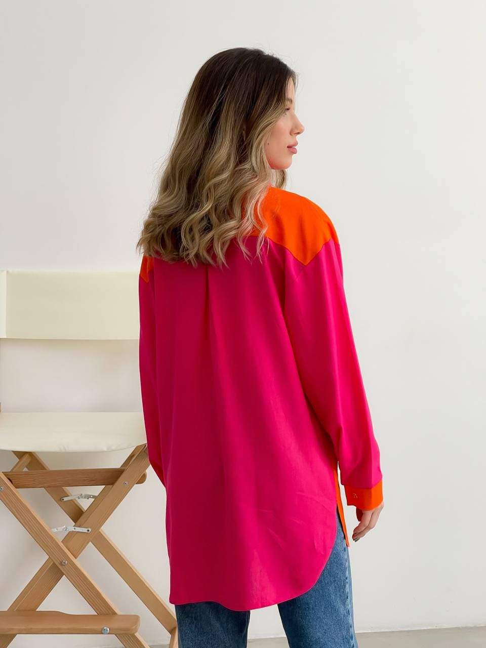 Рубашка оверсайз из льна двухцветная малина+оранжевый, Малиновый, универсальный (S-L)
