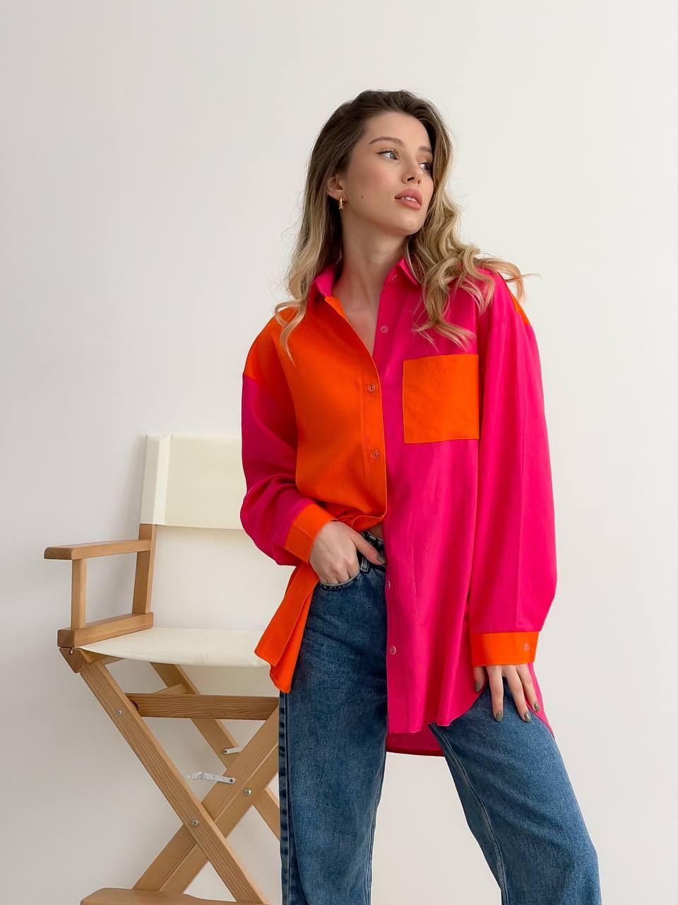 Рубашка оверсайз из льна двухцветная малина+оранжевый, Малиновый, универсальный (S-L)