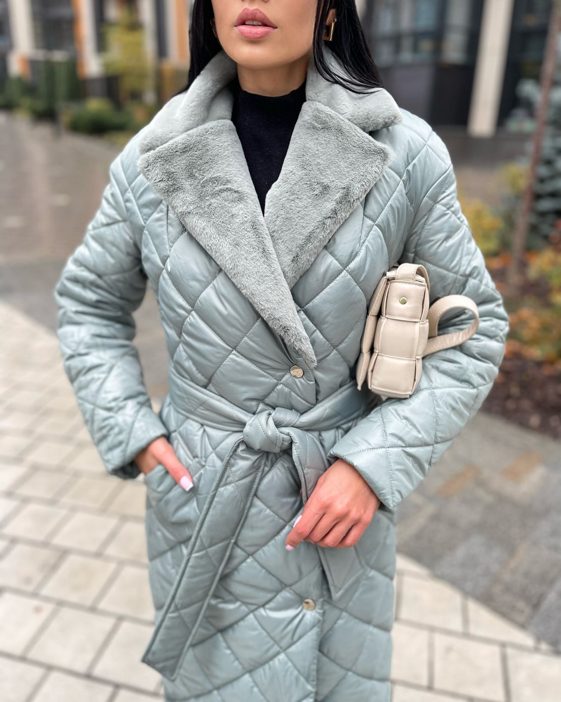 Пальто стеганое Стокгольм зима с мехом на воротнике мята, М'ята, XS