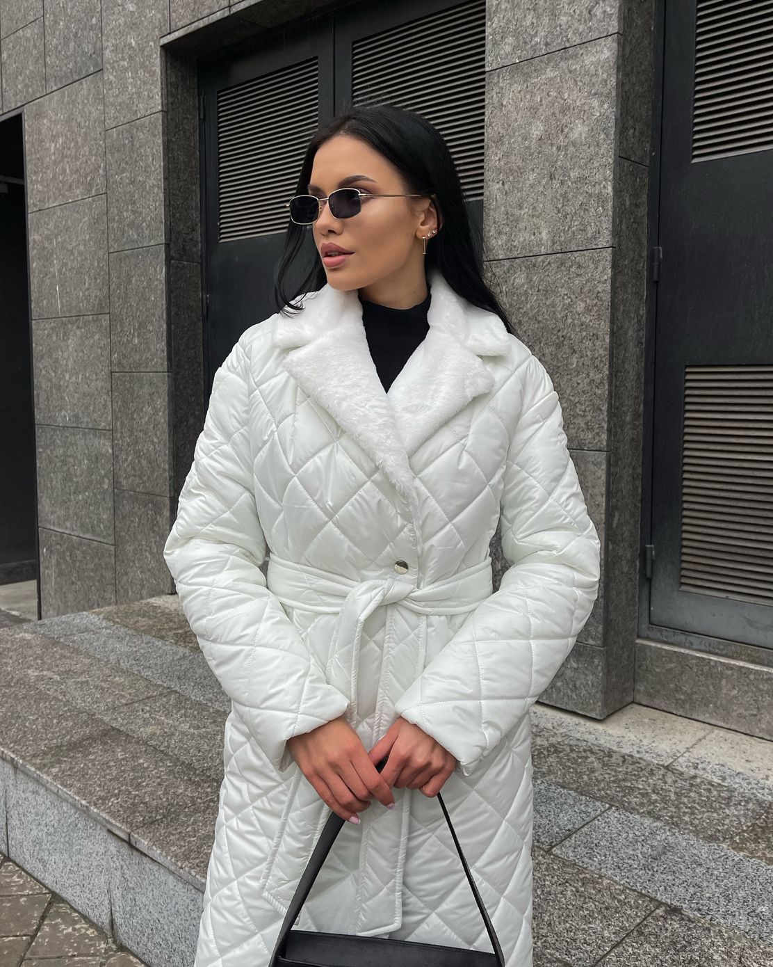 Пальто стеганое Стокгольм зима с мехом на воротнике белое, Белый, XS