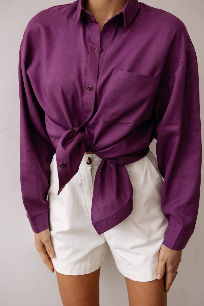 Рубашка оверсайз из льна баклажан, Баклажан, универсальный (S-L)