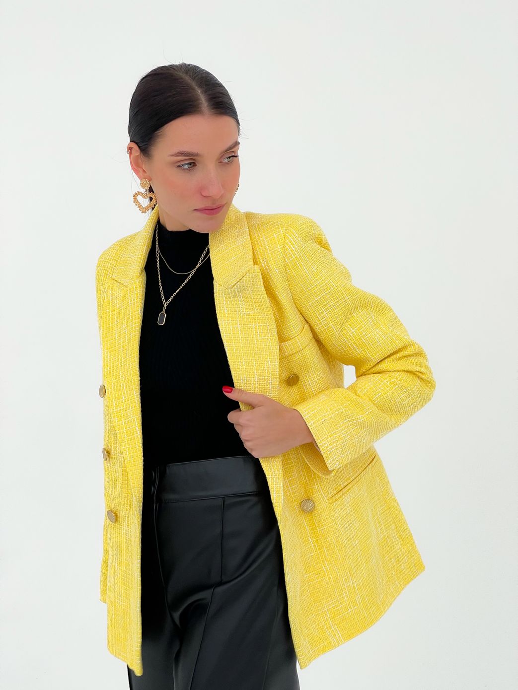 Стильный твидовый пиджак желтый, Жёлтый, S