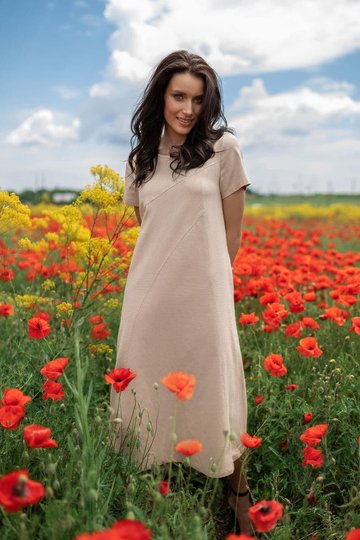 Льняное свободное платье необычного дизайна бежевое, Бежевый, S-M