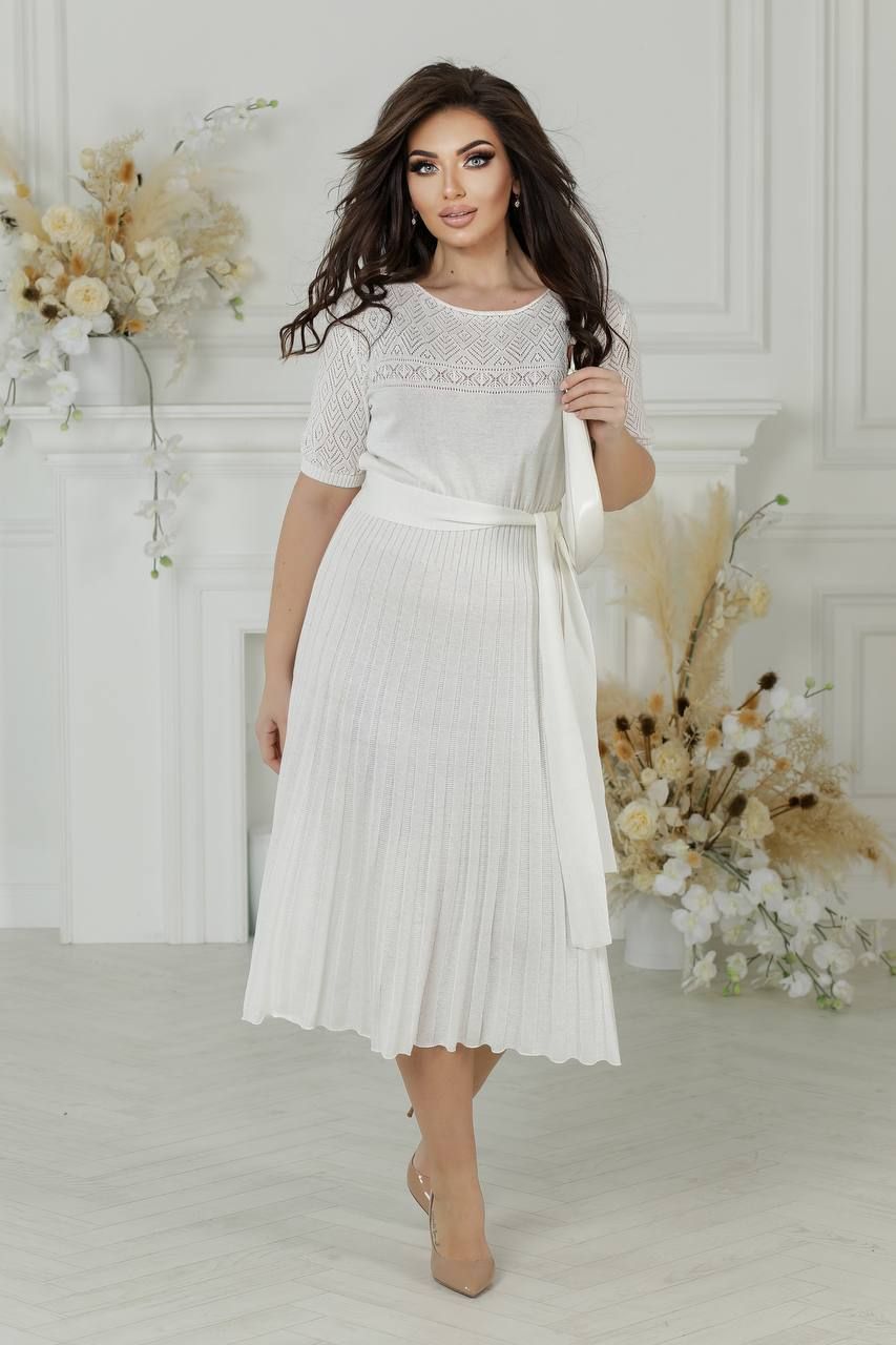 Ажурное вязаное платье с коротким рукавом молочное, Молочний, универсальный (S-L)