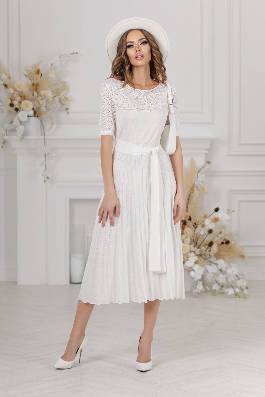 Ажурна в'язана сукня з коротким рукавом молочна, Молочний, універсальний (S-L)
