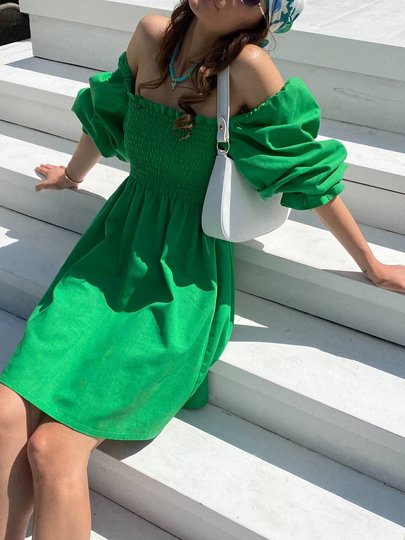 Сукня міні лляна Вафелька зелена, Зелений, XS-S