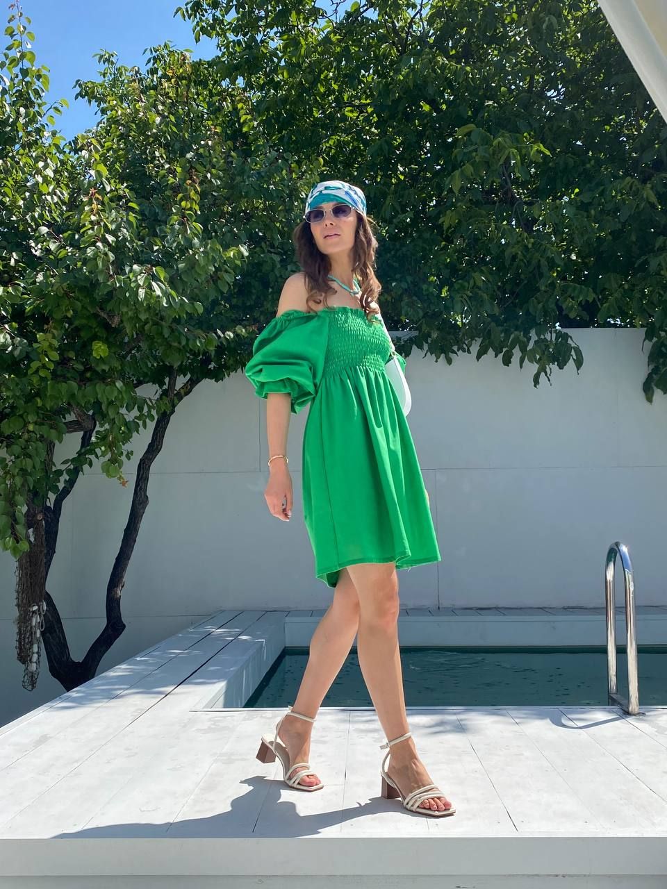 Платье мини льняное Вафелька зеленое, Зелёный, XS-S