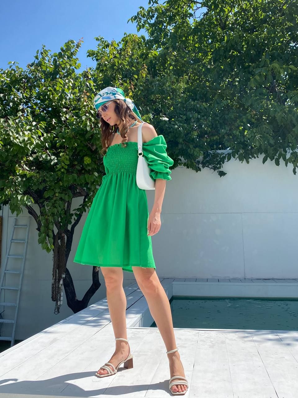 Сукня міні лляна Вафелька зелена, Зелений, XS-S