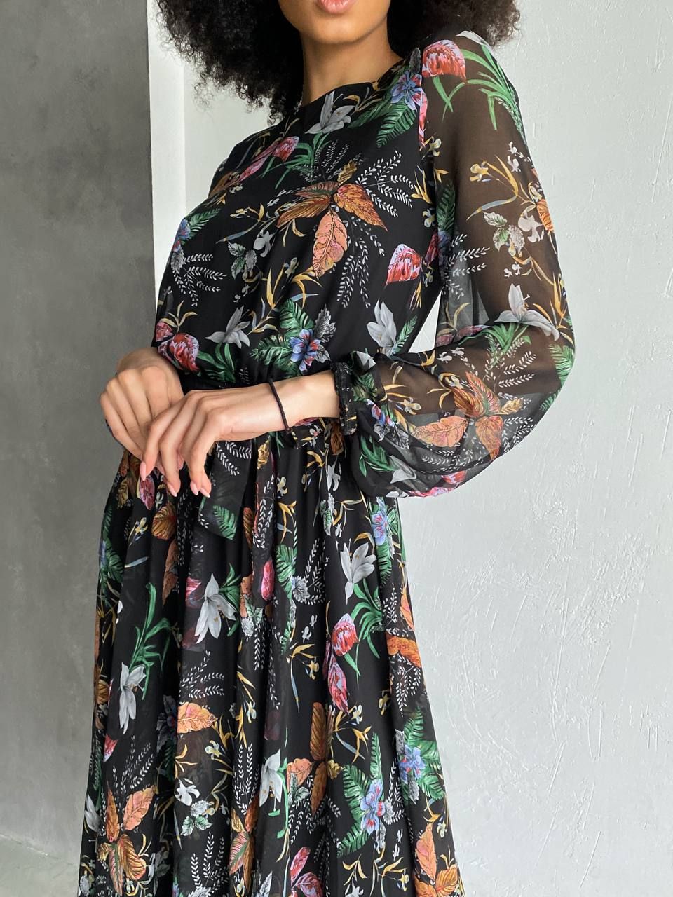 Сукня шифонова чорна в рослинний принт "Венеція", Чорний, S