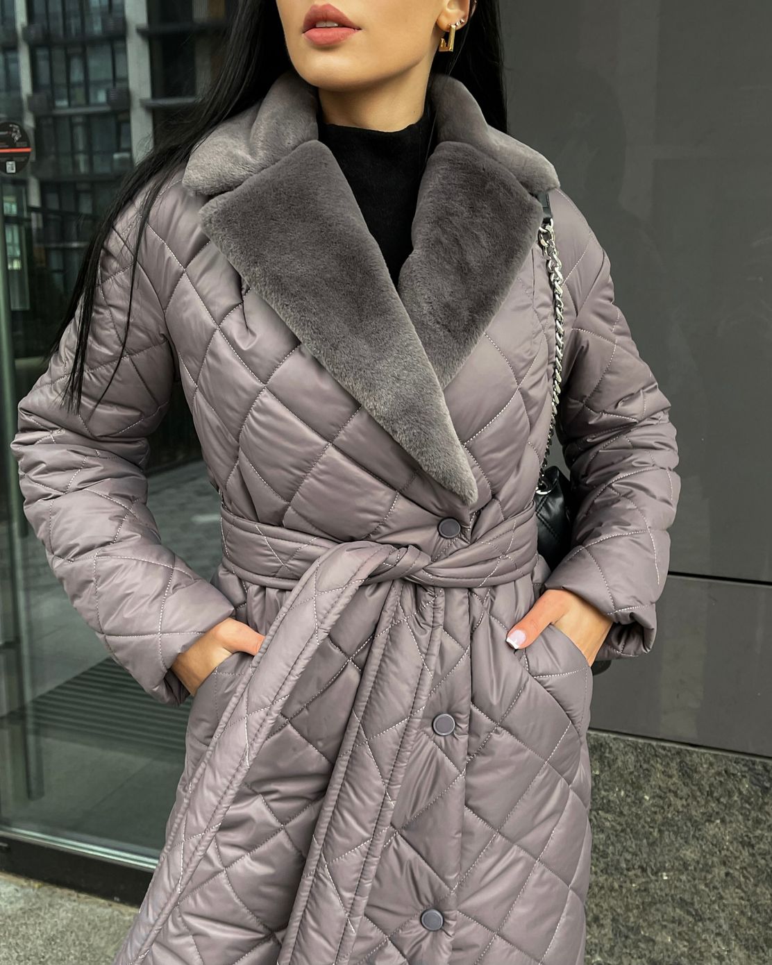Пальто стеганое Стокгольм зима с мехом на воротнике индиго, Мокко, XS