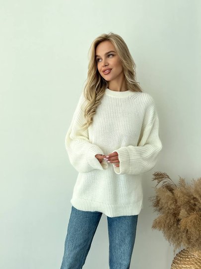 Базовый шерстяной свитер оверсайз молочный, Молочний, универсальный (S-L)