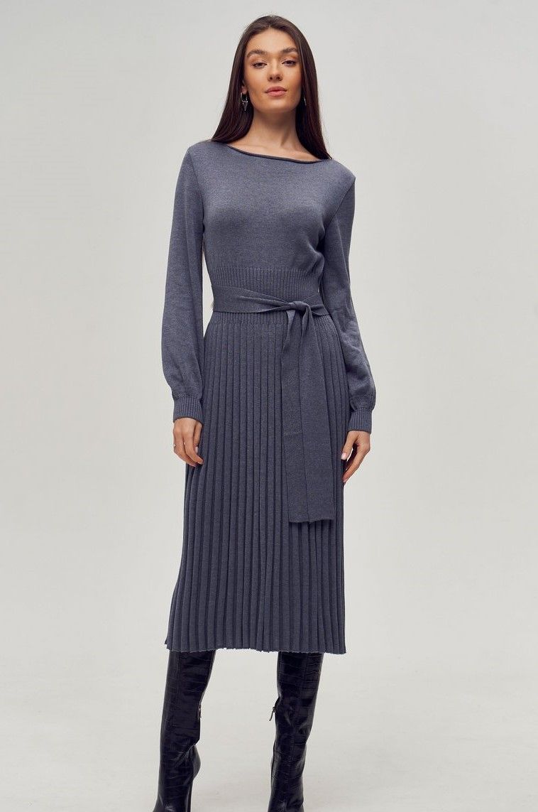 Платье вязаное с юбкой плиссе джинс, Джинс, универсальный (S-L)