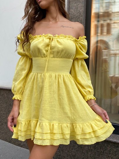 Легкое льняное платье мини желтое, Жёлтый, S