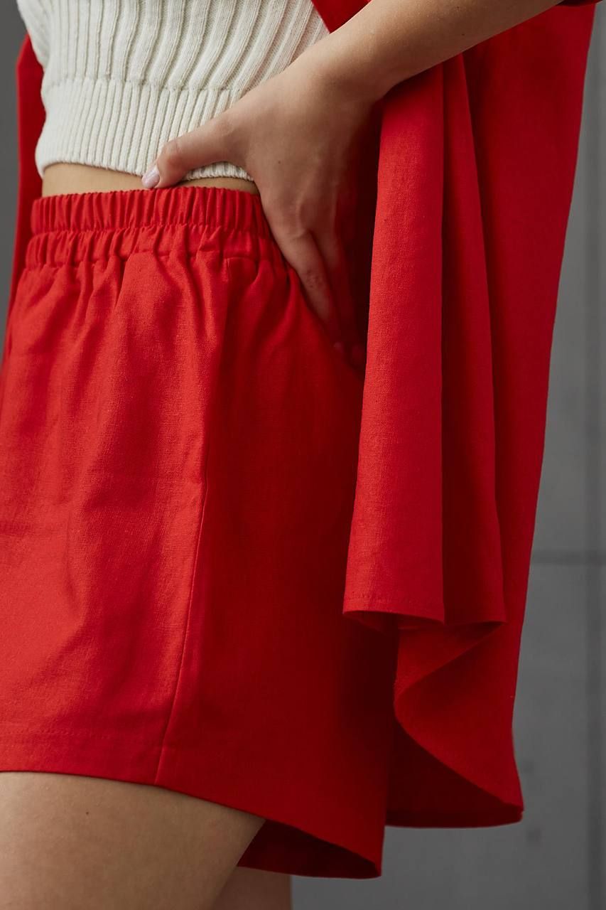 Костюм льняной рубашка с коротким рукавом и шорты красный, Красный, универсальный (S-L)