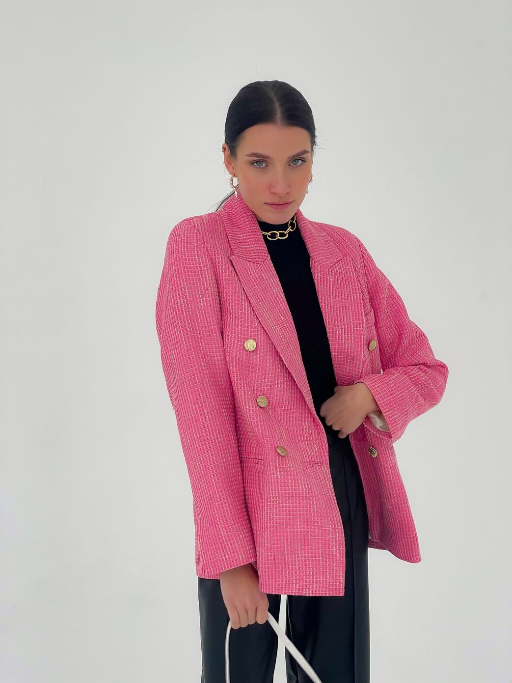 Стильный твидовый пиджак розовый, Розовый, S