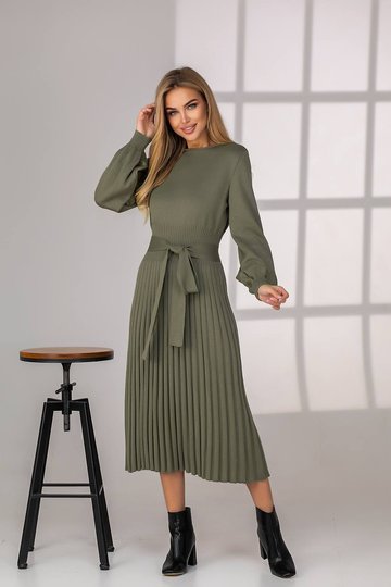 Сукня в'язана із спідницею плісе зелена хакі, Хакі, універсальний (S-L)