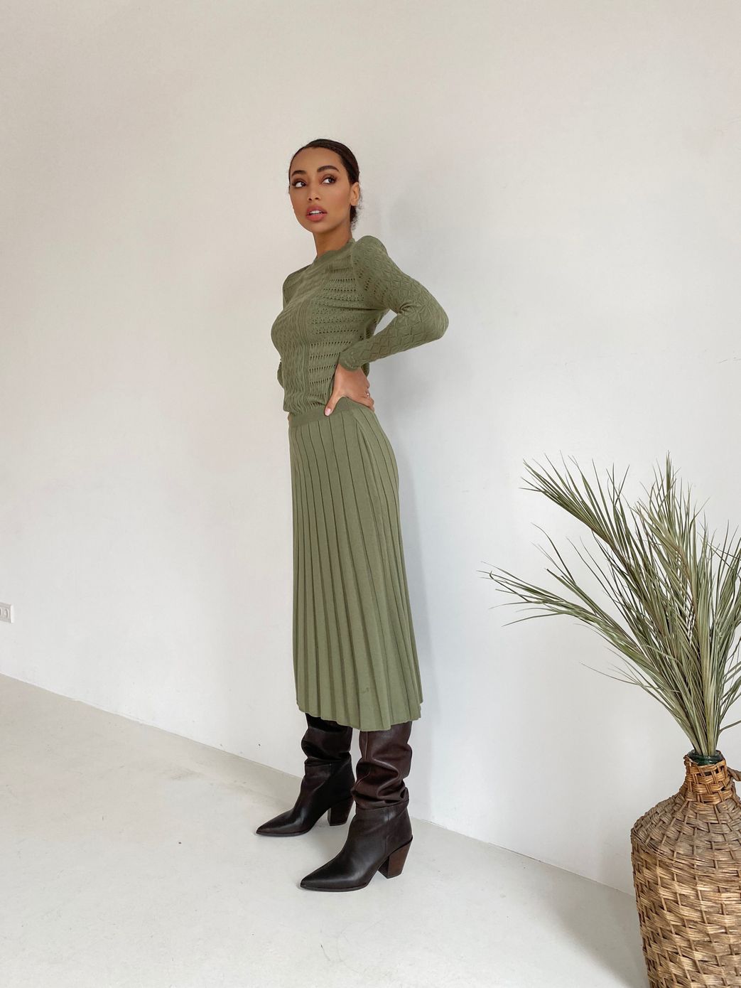 Платье вязаное ажурное Грэмми оливковый, Оливковый, XS-S