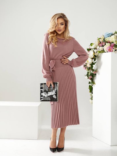 Платье вязаное с юбкой плиссе розовое, Розовый, универсальный (S-L)