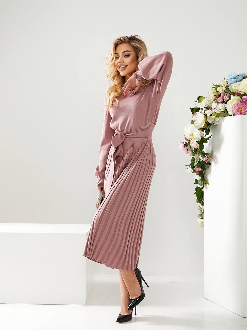 Платье вязаное с юбкой плиссе розовое, Розовый, универсальный (S-L)