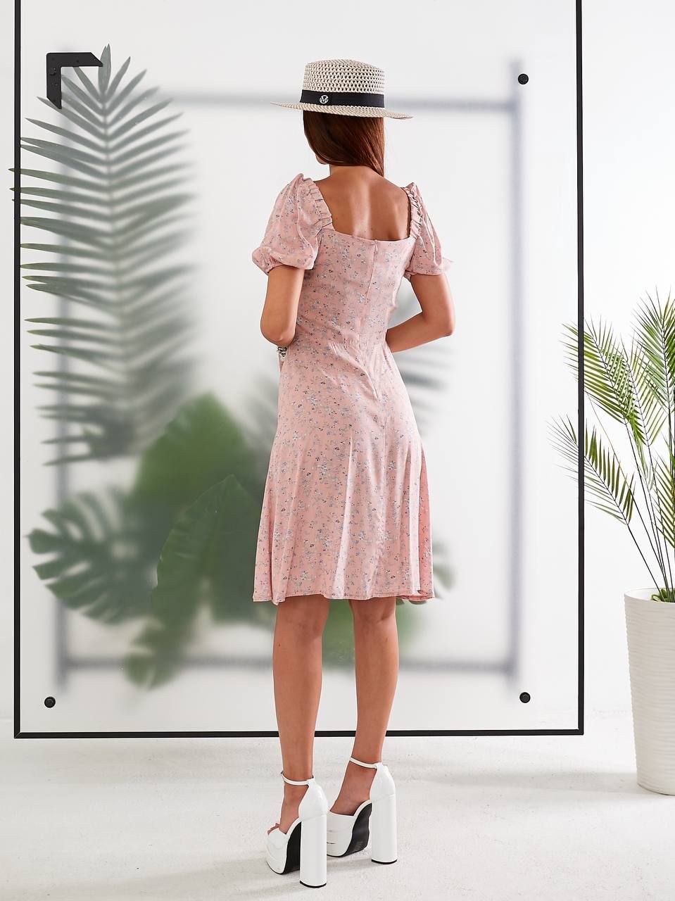 Платье в цветочный принт с коротким рукавом розовое, Розовый, S