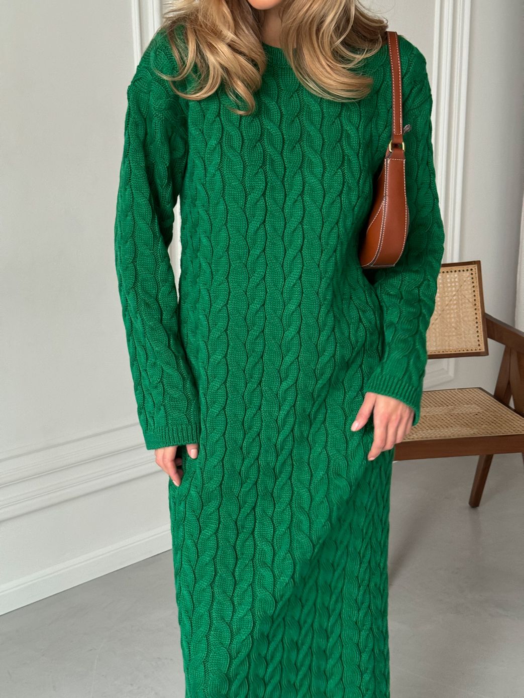 Платье вязаное миди в косы оверсайз зеленое, Зелёный, Универсальный