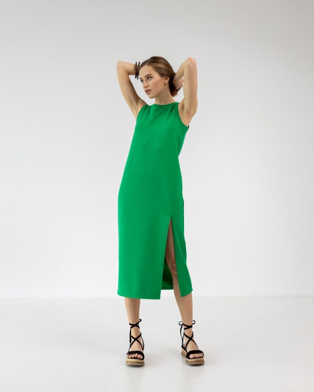 Платье миди с разрезом зеленое, Зелёный, XS