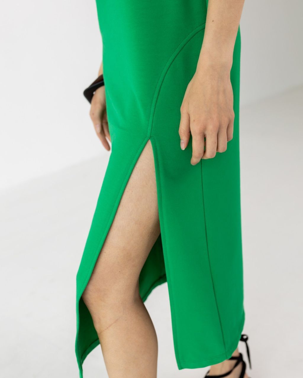 Платье миди с разрезом зеленое, Зелёный, XS