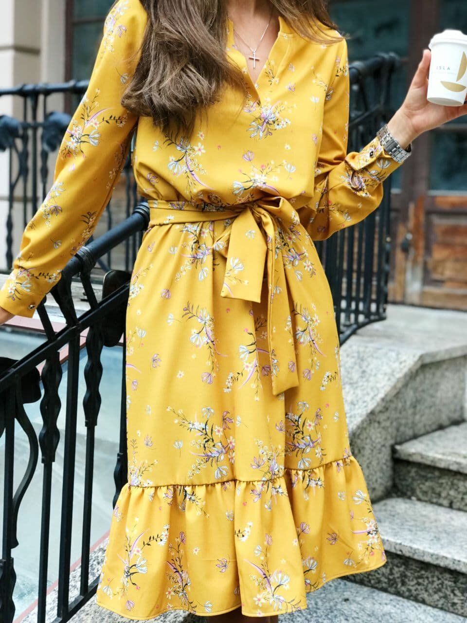 Платье миди с V-образным вырезом в цветочный принт, Жёлтый, XS-S