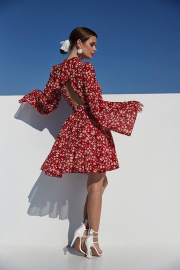 Платье Валентина шифоновое в цветочный принт с открытой спиной красное, Красный, XS