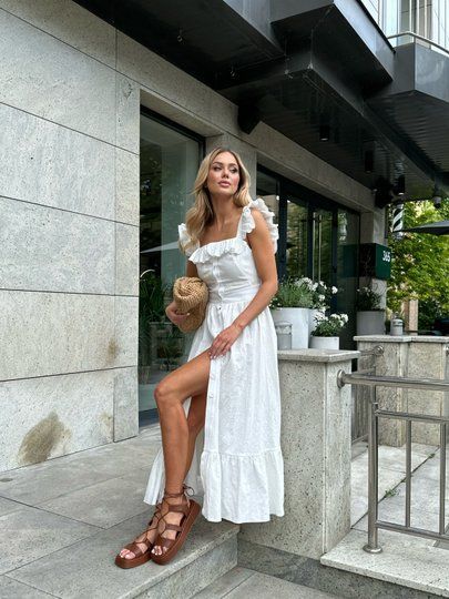 Лляна сукня міді з рюшами молочна, Молочний, M