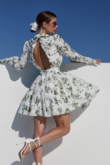 Платье Валентина шифоновое в растительный принт с открытой спиной белое, Белый, XS